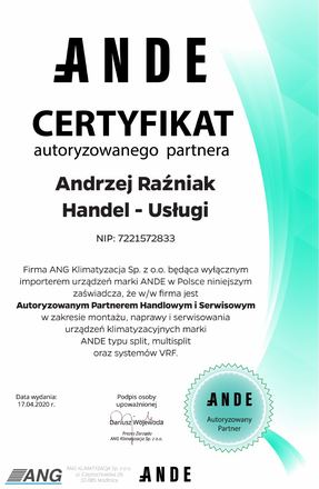 Certyfikat ANDE: Autoryzowany Partner, Sprzedaż, montaż i serwis klimatyzacji