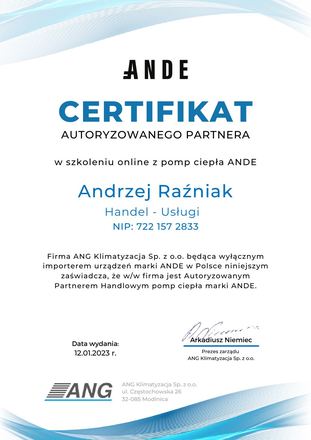 Certyfikat ANDE: Autoryzowany Partner, Pompy ciepła