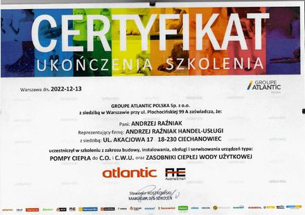 Certyfikat Atlantic: Certyfikat ukończenia szkolenia, Pompy ciepła