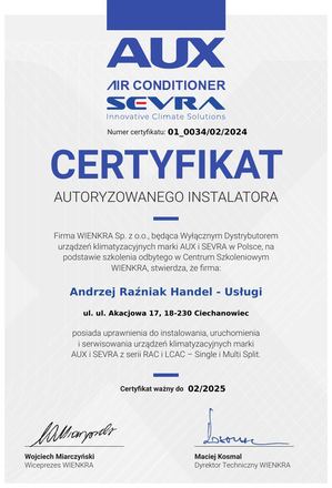 Certyfikat AUX: Autoryzowany Instalator, Klimatyzatory AUX
