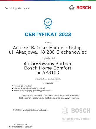 Certyfikat Bosch: Autoryzowany Partner Bosch Home Comfort, Klimatyzacja i pompy ciepła
