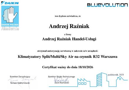 Certyfikat Daikin – Split / Multi / Sky Air na czynnik R32