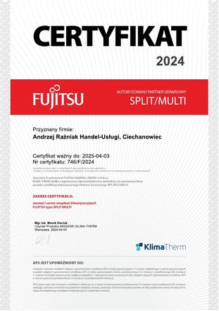 Certyfikat Fujitsu – Split / Multi
