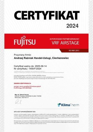 Certyfikat Fujitsu: Autoryzowany Partner Serwisowy, VRF Airstage