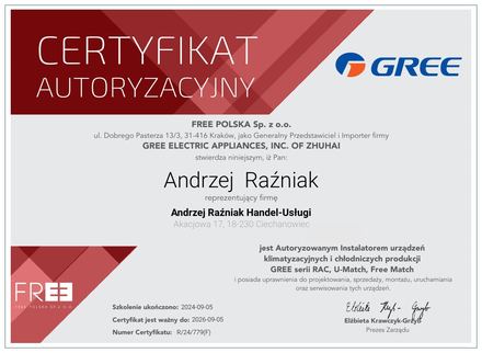 Certyfikat Gree: Certyfikat autoryzacji, Klimatyzatory RAC