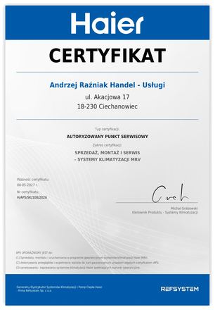 Certyfikat Haier: Autoryzowany Punkt Serwisowy MRV, Systemy klimatyzacji MRV