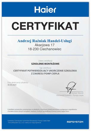 Certyfikat Haier: Szkolenie montażowe, Pompy ciepła