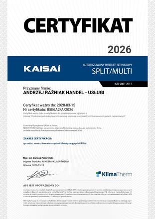 Certyfikat Kaisai: Autoryzowany Partner Serwisowy, Klimatyzacja RAC / Multi