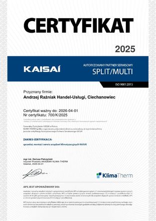 Certyfikat Kaisai: Autoryzowany Partner Serwisowy, Split / Multi