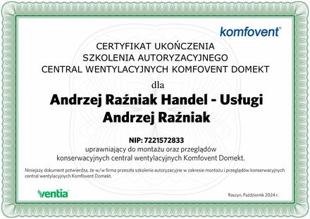 Certyfikat Komfovent: Szkolenie autoryzacyjne, Centrale wentylacyjne Domekt