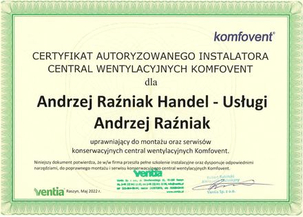 Certyfikat Komfovent: Autoryzowany Instalator, Montaż i serwis central wentylacyjnych