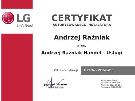 Certyfikat LG: Autoryzowany Instalator, Pompy ciepła Therma V