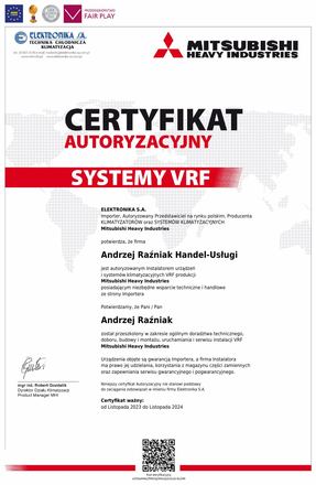 Certyfikat Mitsubishi Heavy Industries: Certyfikat autoryzacyjny, Systemy VRF