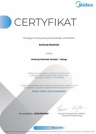 Certyfikat Midea: Certyfikat instalatora, Home / Multi / Business