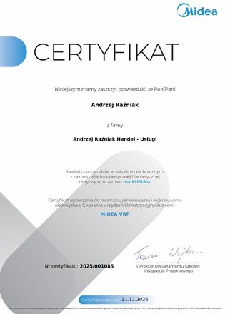 Certyfikat Midea: Certyfikat instalatora, Systemy VRF