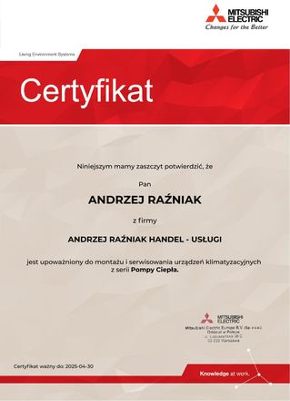 Certyfikat Mitsubishi Electric: Autoryzacja montażu i serwisu, Pompy ciepła
