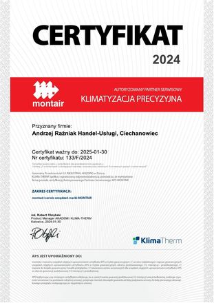 Certyfikat Montair: Autoryzowany Partner Serwisowy, Klimatyzacja precyzyjna