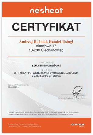 Certyfikat Neoheat: Szkolenie montażowe, Pompy ciepła