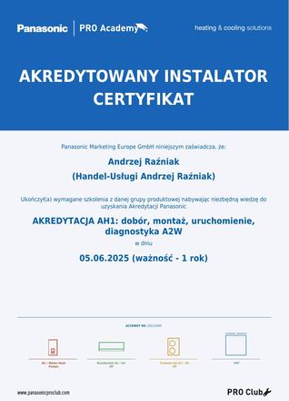 Certyfikat Panasonic: Akredytowany Instalator, Pompy ciepła