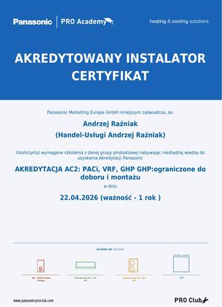 Certyfikat Panasonic: Akredytowany Instalator, Systemy VRF