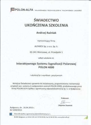 Certyfikat Polon-Alfa: Świadectwo ukończenia szkolenia, System sygnalizacji pożarowej Polon 4000