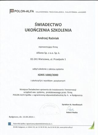 Certyfikat Polon-Alfa: Świadectwo ukończenia szkolenia, System Ignis 1000/2000