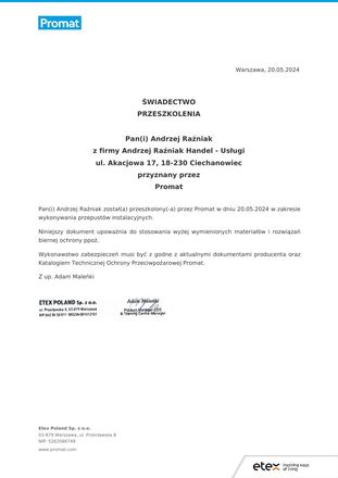 Certyfikat Promat: Świadectwo przeszkolenia, Zabezpieczenia przeciwpożarowe