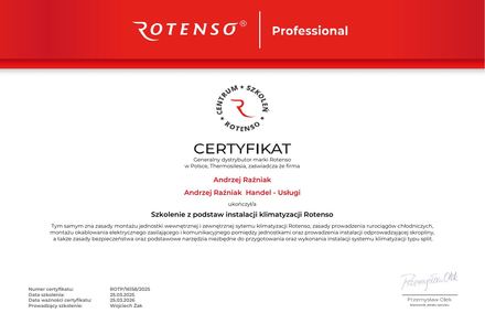 Certyfikat Rotenso: Szkolenie, Montaż klimatyzacji