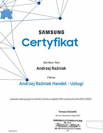 Certyfikat Samsung: Autoryzacja montażu i serwisu, Pompy ciepła EHS