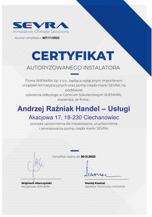 Certyfikat Sevra: Autoryzowany Instalator, Pompy ciepła