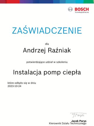 Certyfikat Szkolenie: Zaświadczenie, Instalacja pomp ciepła