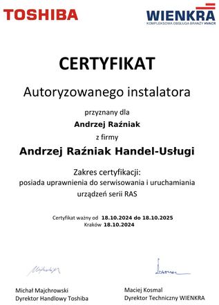 Certyfikat Toshiba: Autoryzowany Instalator, Serwis i uruchamianie serii RAS