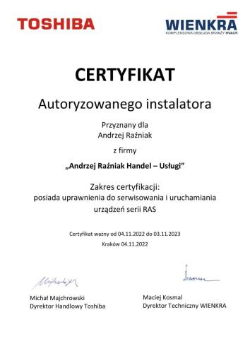 Certyfikat-Toshiba-RAS-Andrzej-Razniak